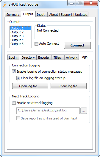 Shoutcast Source Output Logs Tab