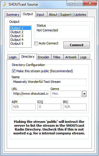 Shoutcast Source Output Directory Tab