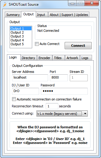 Shoutcast Source Output Connection Tab in v1 (Legacy) mode